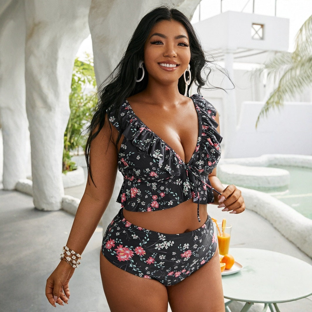 Damen Hochtailliertes Bikini-Set mit verspieltem Rüschendesign EB
