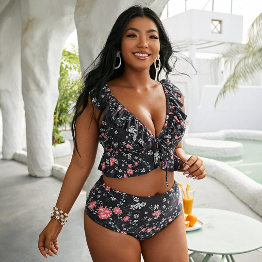 Damen Hochtailliertes Bikini-Set mit verspieltem Rüschendesign EB