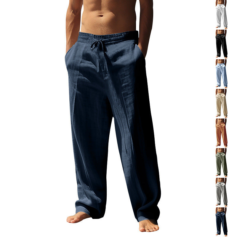 Herren nan lockere Leinen-Hose mit Elastikbund und Seitentaschen EB