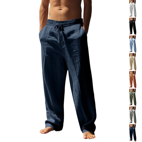Herren nan lockere Leinen-Hose mit Elastikbund und Seitentaschen EB