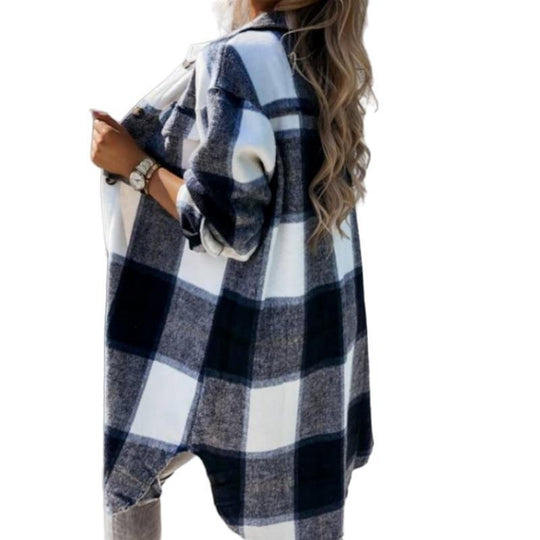 Damen Kariertes Overshirt mit knöpfbarem Design und aufgesetzten Taschen EB