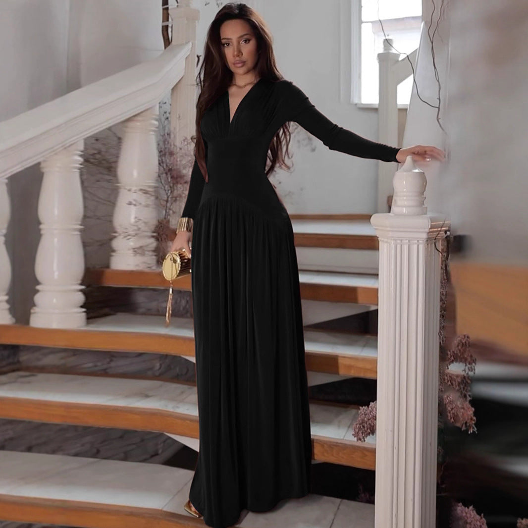Damen Elegantes Maxikleid mit tiefem V-Ausschnitt und fließendem Schnitt EB
