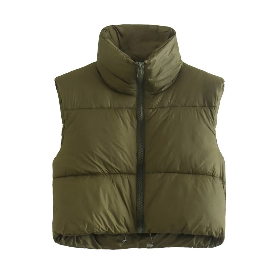 Damen cropped Daunenweste mit hohem Kragen und praktischen Taschen EB