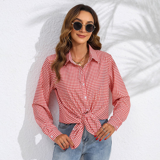 Damen nan geknotete Hahnentritt-Bluse mit Hemdkragen und durchgehender Knopfleiste EB