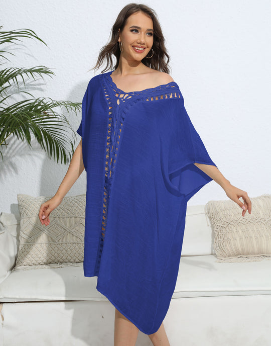 Damen luftiger Kaftan mit filigranem Häkelmuster EB