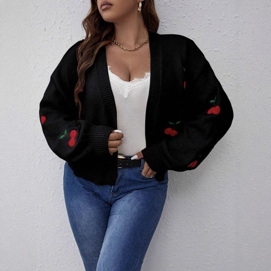 Damen Kurzgeschnittener Oversize-Cardigan mit Kirsch-Stickerei EB