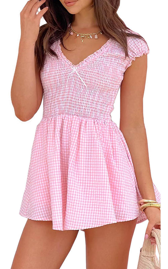 Damen Eingekräuseltes Kurzkleid mit V-Ausschnitt und Rüschendetails EB