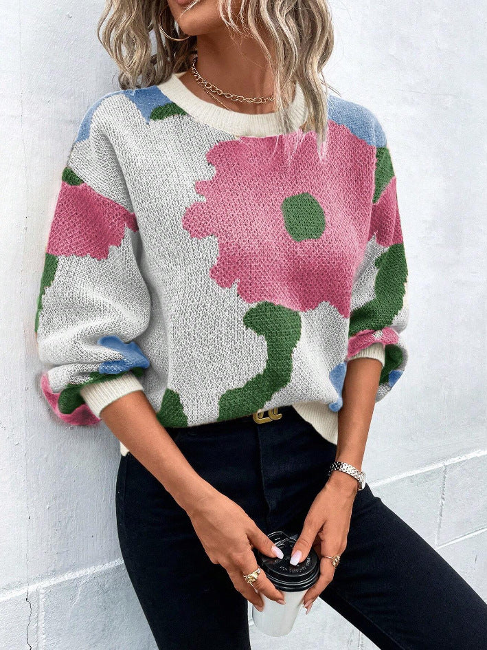 Damen modischer Pullover mit floralem Muster und weiten Ärmeln EB