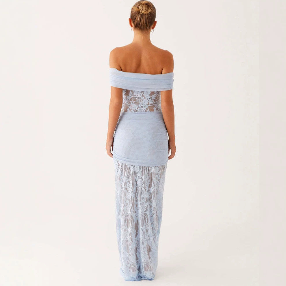 Damen Elegant drapiertes Spitzenkleid mit off-shoulder Design EB