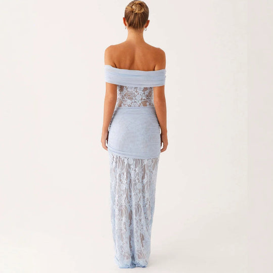 Damen Elegant drapiertes Spitzenkleid mit off-shoulder Design EB