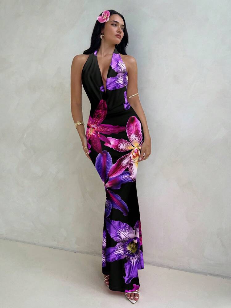 Damen ElegantesMaxikleid mit raffiniertem Blumendruck und tiefem V-Ausschnitt EB