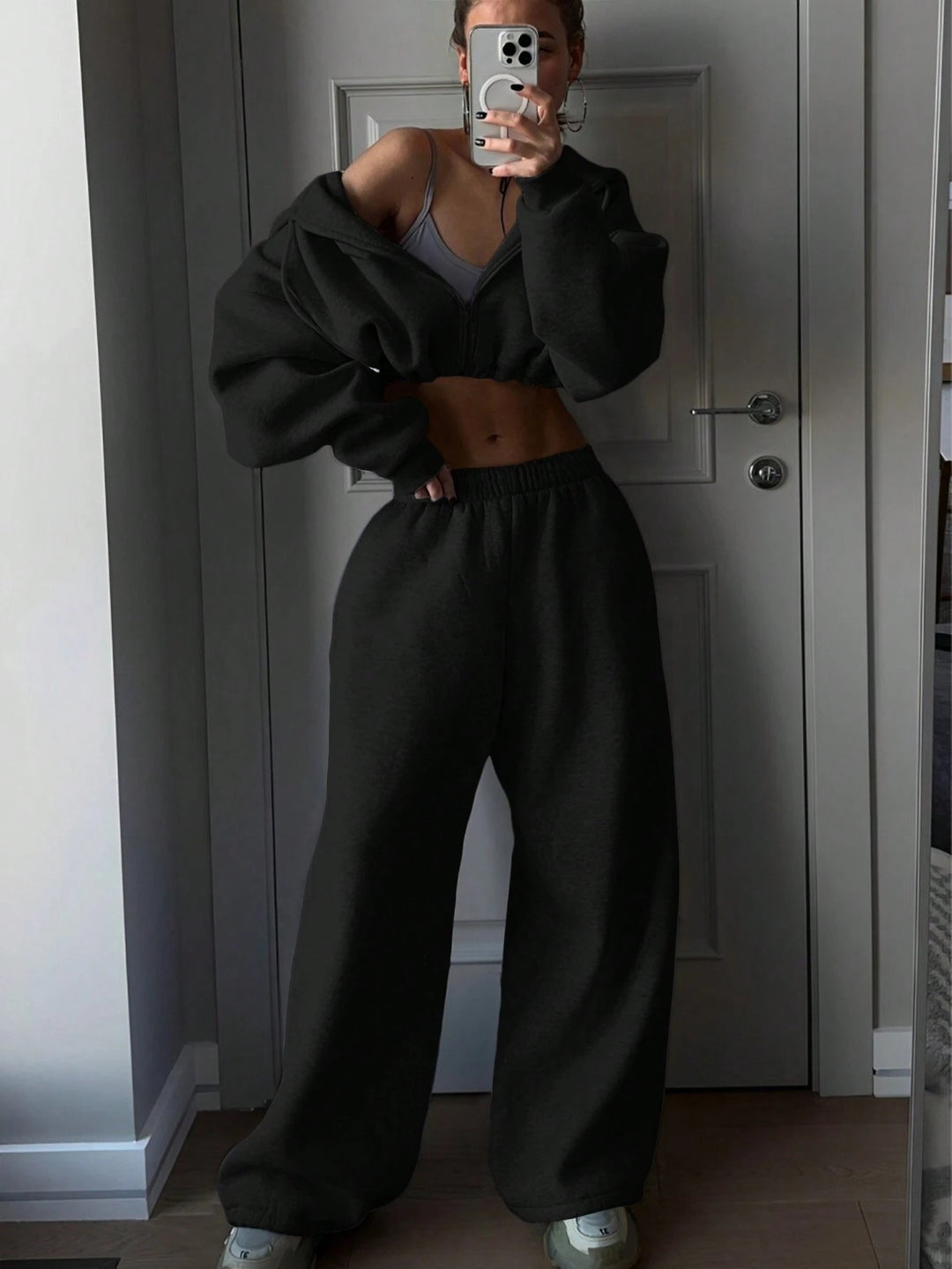Damen nan kurzes Zip-Hoodie Cropped Sweatshirt mit Kordelzug, angesetzten Ballonärmeln und elastischem Saum EB