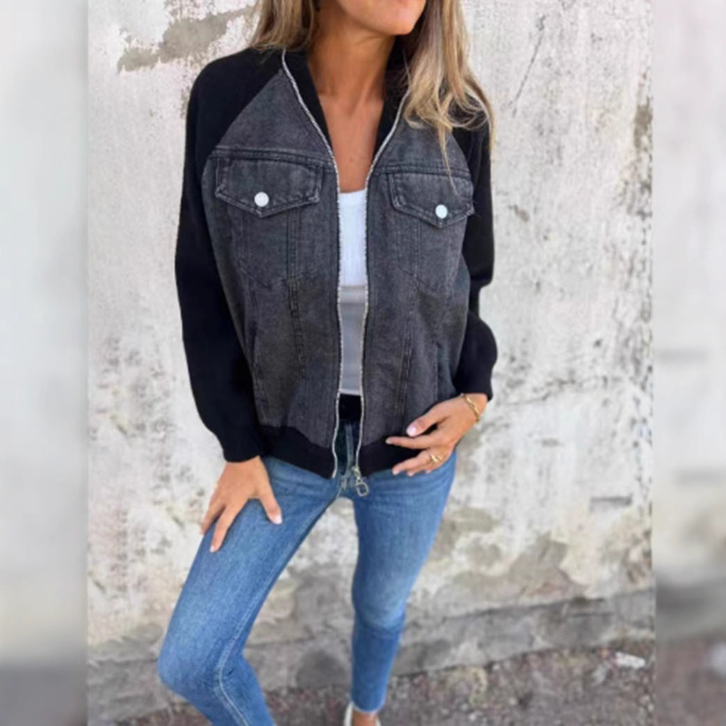 Damen lässige Sweaterjacke mit Denim-Style und Fleeceärmeln EB