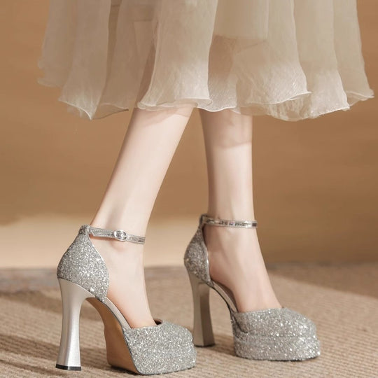 Damen Glitzernde Plateau-Pumps mit elegantem Knöchelriemen EB