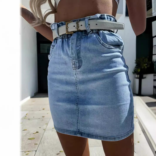 Damen Baumwollrock mit aufgerolltem Bund und modischem Taillengürtel EB