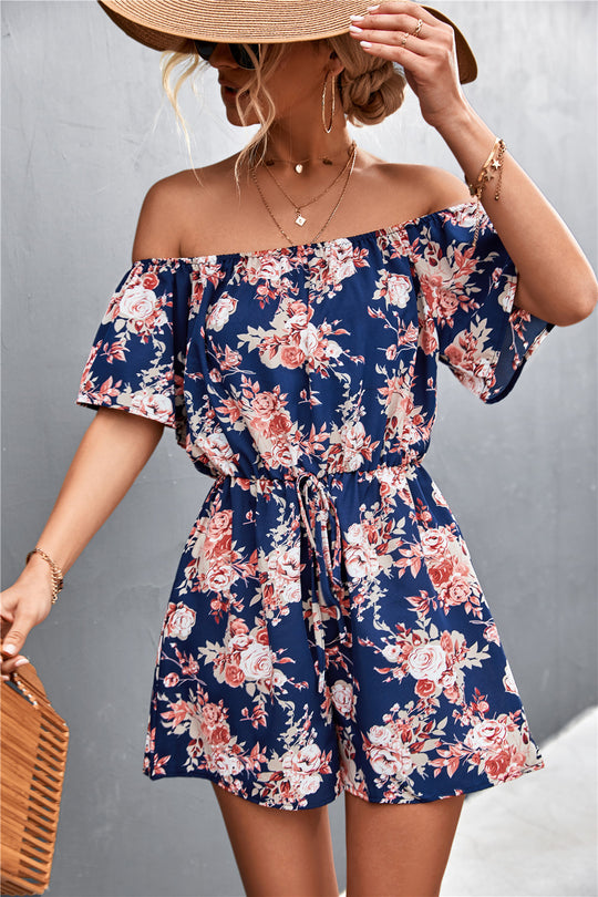 Damen Off-Shoulder Jumpsuit mit floralem Design und elastischem Taillenbund EB