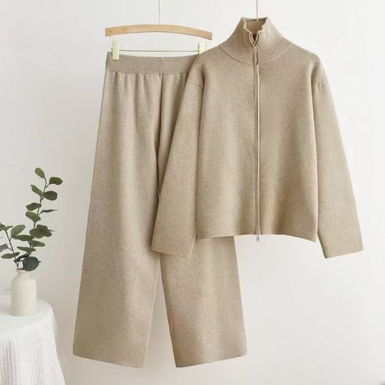 Damen gemütliches Strick-Loungewear-Set mit hohem Kragen EB