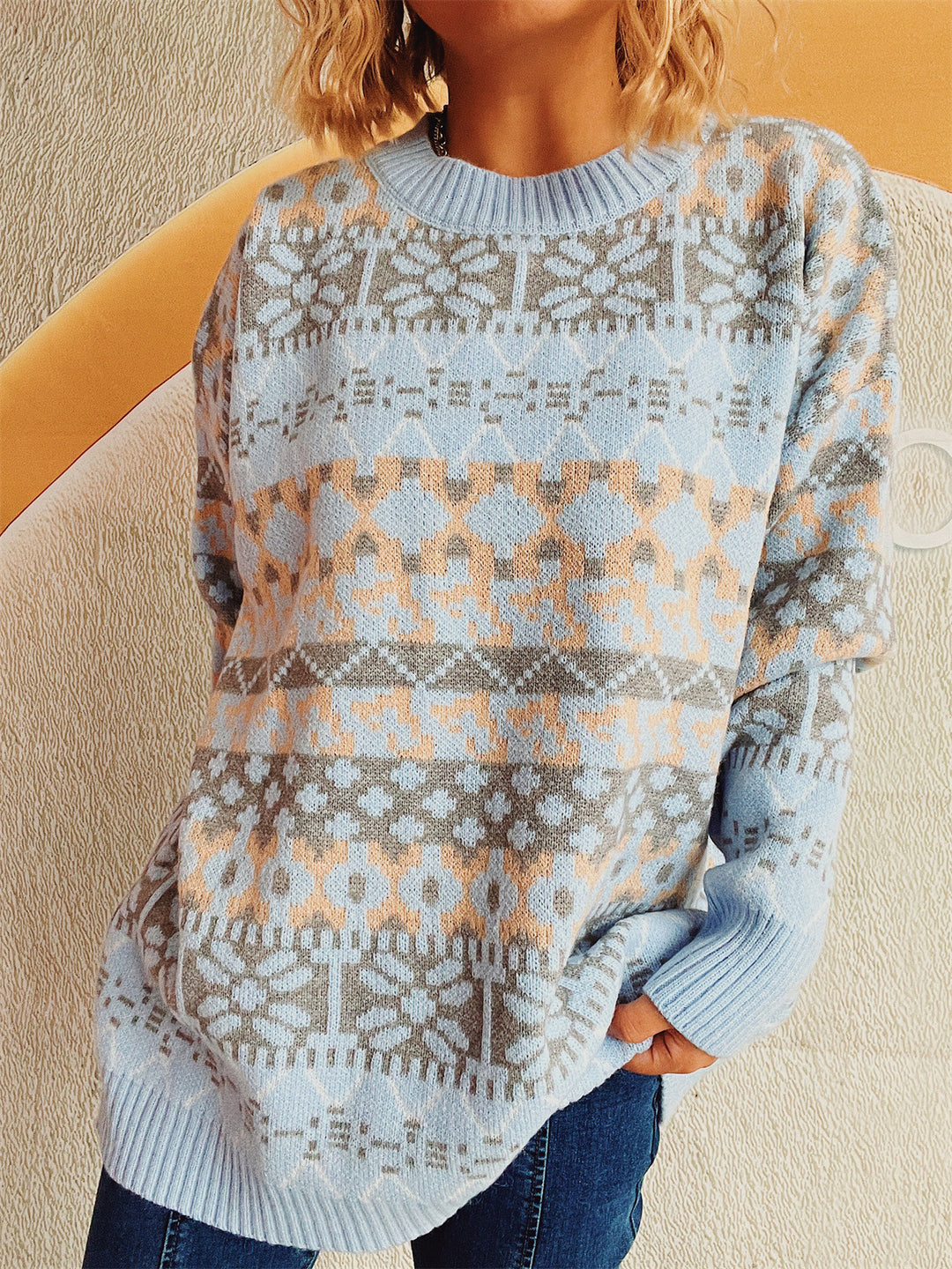 Damen gemütlicher Strickpullover mit winterlichem Muster und lässigem Schnitt EB