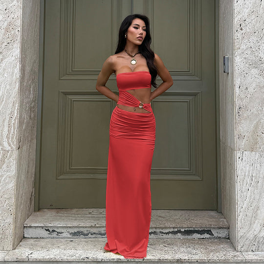 Damen elegantes schulterfreies Wickelkleid mit seitlichem Cut-Out EB