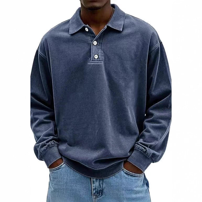 Herren nan lässiges Poloshirt-Sweatshirt mit Kragen, Vintage-Waschung und dreiteiliger Knopfleiste EB