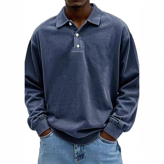 Herren nan lässiges Poloshirt-Sweatshirt mit Kragen, Vintage-Waschung und dreiteiliger Knopfleiste EB
