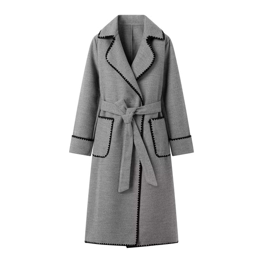 Damen eleganter Longcoat mit Bindegürtel und kontrastierenden Paspeln EB