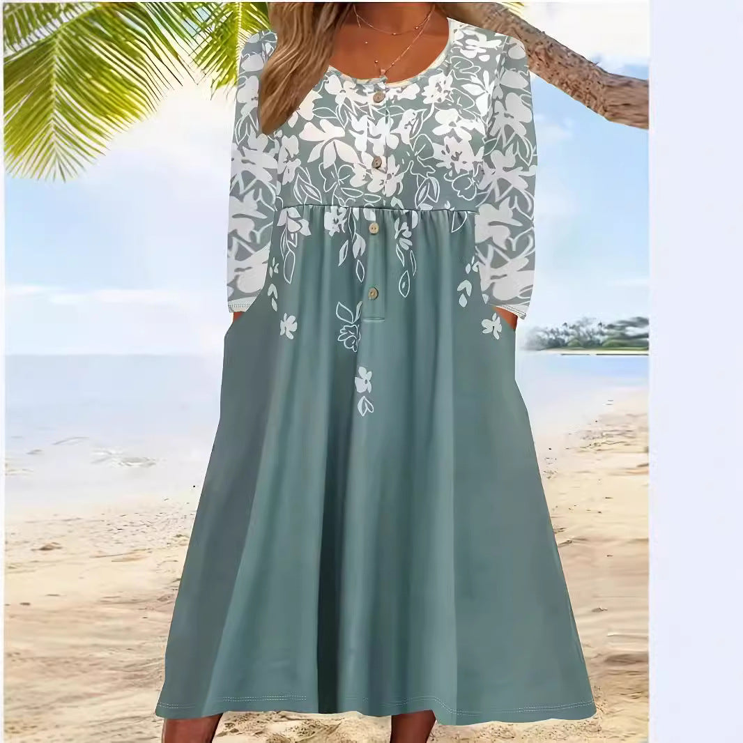 Damen Maxikleid mit floralem Design und eleganten Knopfdetails EB