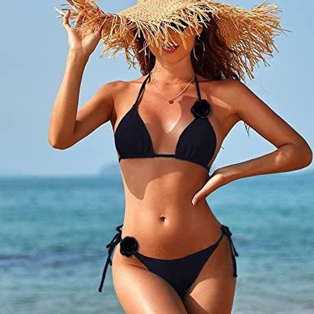Damen Triangel-Bikini mit verspielten Blütenapplikationen und verstellbaren Bindebändern EB