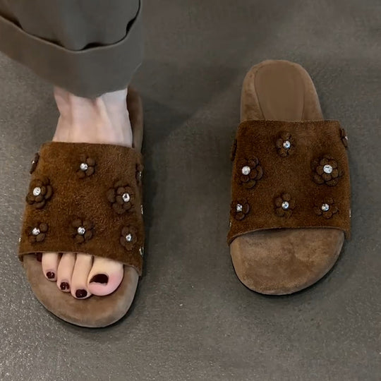 Damen modische Hausschläppchen mit floralen Applikationen und dekorativen Strasssteinen EB