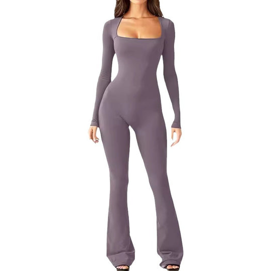 Damen nan figurbetonter Langarm-Jumpsuit mit quadratischem Ausschnitt und ausgestellter Schlaghose EB