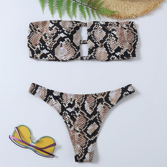 Damen Bandeau-Bikini mit modischem Schlangenmuster EB