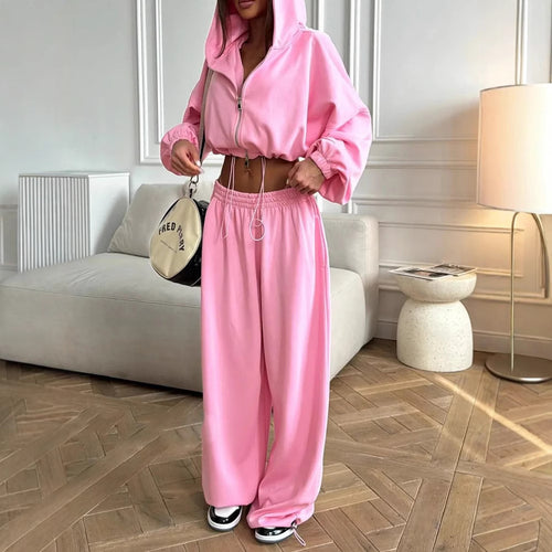 Damen nan kurzes Reißverschluss-Cropped-Hoodie und weitgeschnittene Highwaist-Loungehose Set EB