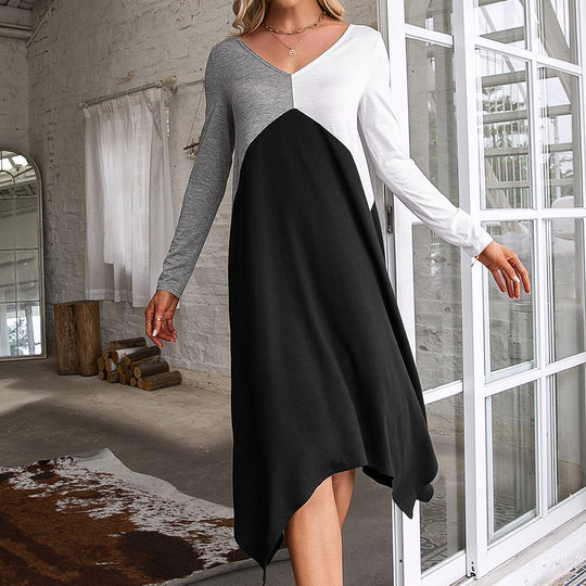 Damen langärmliges Wickelkleid mit asymmetrischem Saum und V-Ausschnitt EB