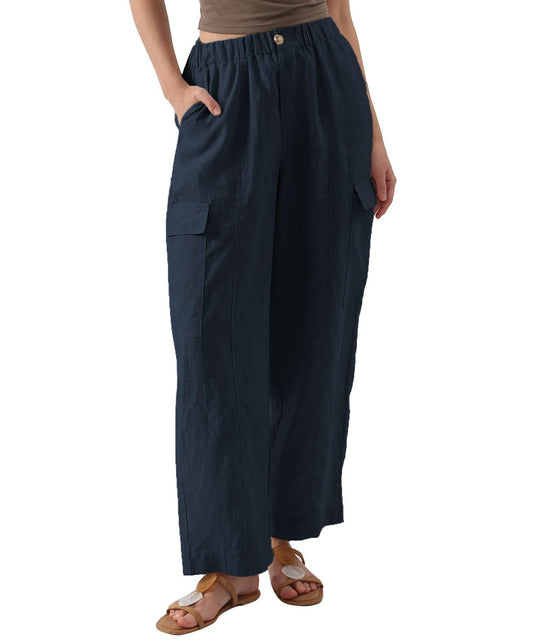 Damen lässige Leinen-Cargo-Hose mit hohen Taschen und elastischem Bund EB