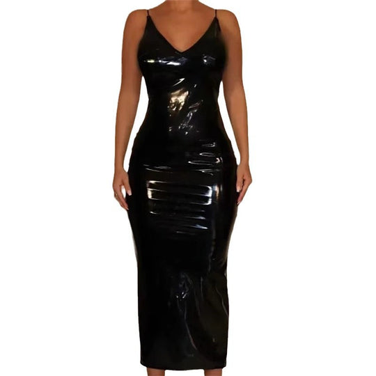 Damen Figurbetontes Lackkleid mit V-Ausschnitt und schulterfreien Trägern EB