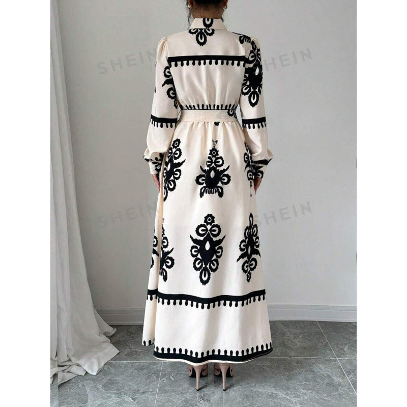 Damen Langarm-Maxikleid mit elegantem Knopfdesign und taillierbarem Gürtel EB