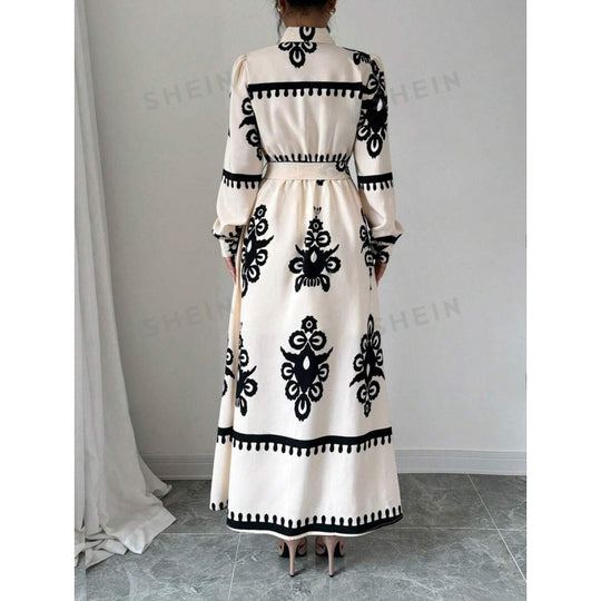 Damen Langarm-Maxikleid mit elegantem Knopfdesign und taillierbarem Gürtel EB