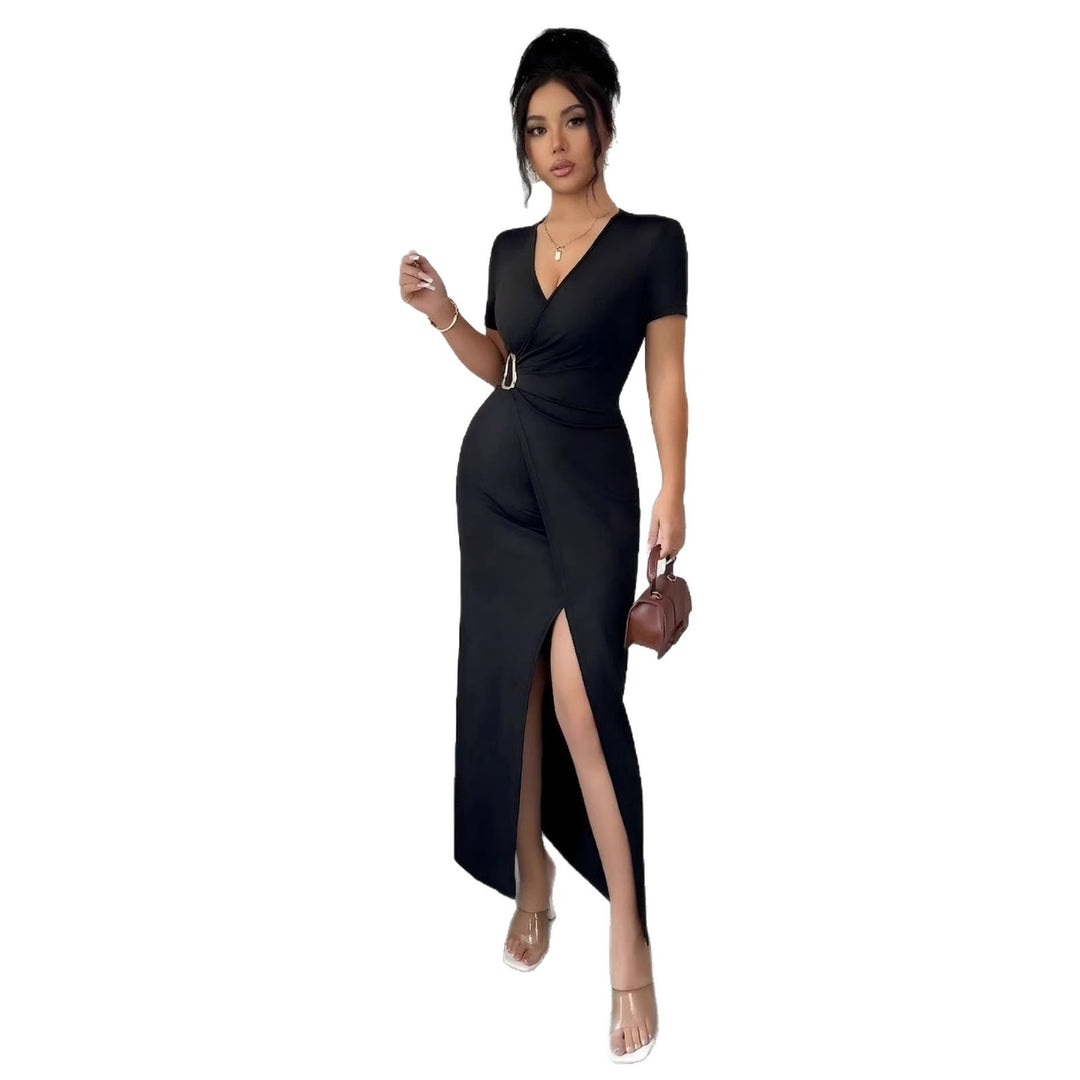 Damen nan figurbetontes Wickel-Midikleid mit V-Ausschnitt, Taillenring und hohem Beinschlitz EB