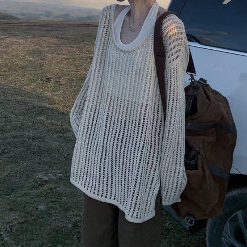 Damen luftiger Strickpullover mit weitem Schnitt und dezentem Lochmuster EB