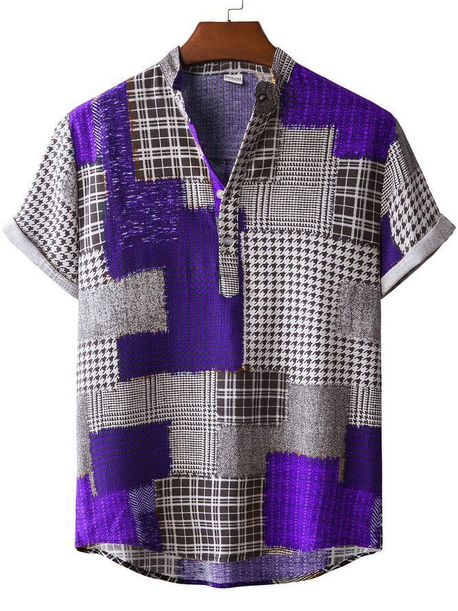Herren Kurzarmhemd mit kreativem Patchwork-Design und stylischem Henley-Ausschnitt EB