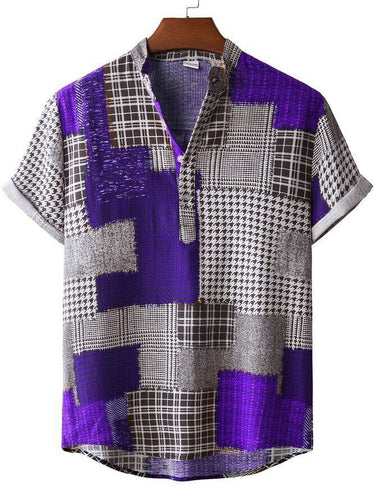 Herren Kurzarmhemd mit kreativem Patchwork-Design und stylischem Henley-Ausschnitt EB