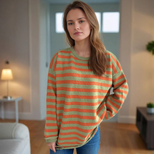 Damen lässiger Oversize-Pullover mit breiten Streifen EB