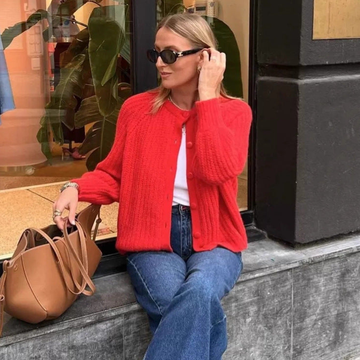 Damen nan grob gestrickte Raglan-Cardigan mit Ballonärmeln und durchgehender Knopfleiste EB