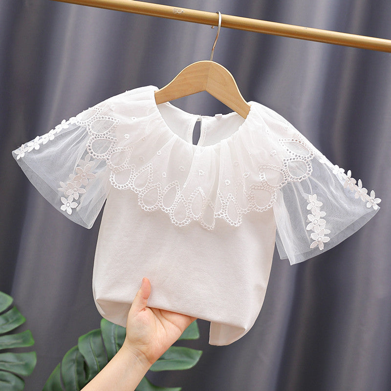 Mädchen Bluse mit Blumenstickerei und Tüllärmeln EB