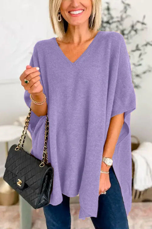 Damen lässiger Strickponcho mit V-Ausschnitt und überschnittenen Ärmeln EB