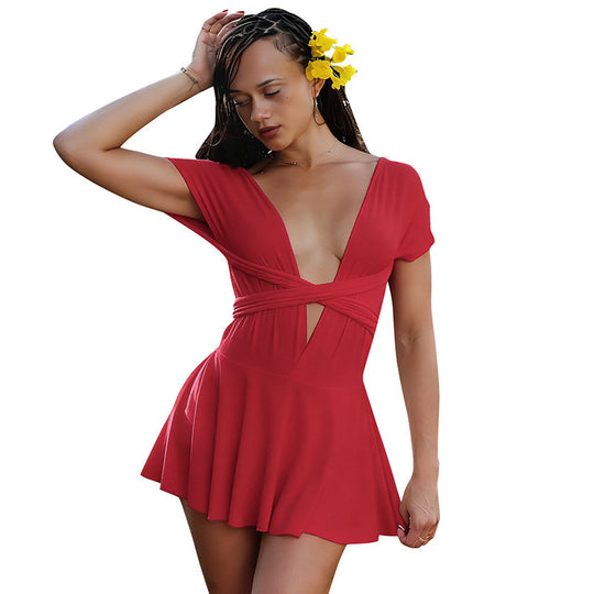 Damen Elegantes Wickelkleid mit tiefem V-Ausschnitt und fließendem Rock EB