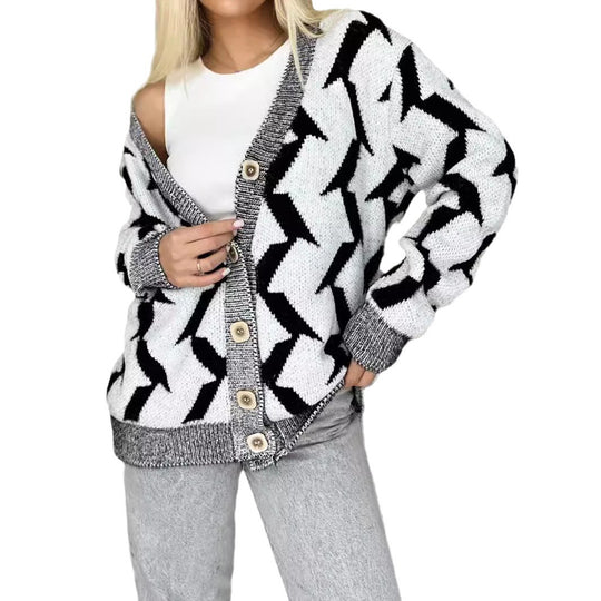 Damen gemütlicher Strickcardigan mit modernem Blitze-Design und Knopfverschluss EB