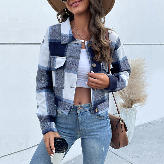Damen Karierte Denimjacke mit Knöpfen und Brusttaschen EB