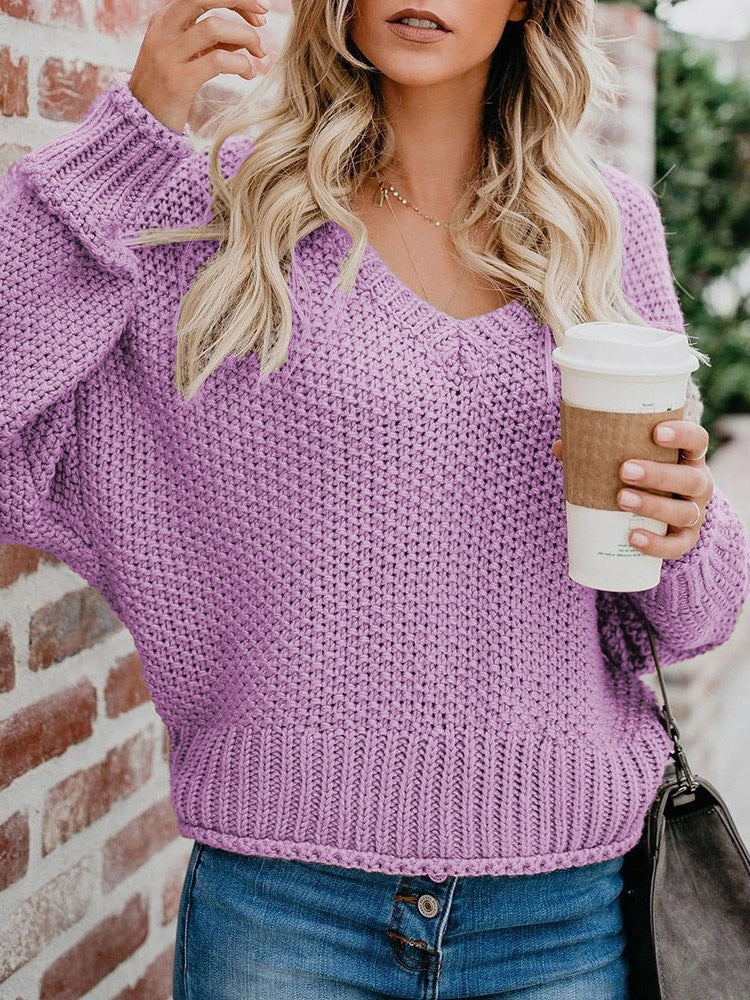 Damen lässiger V-Ausschnitt Pullover mit lockerem Schnitt und strukturiertem Strick EB