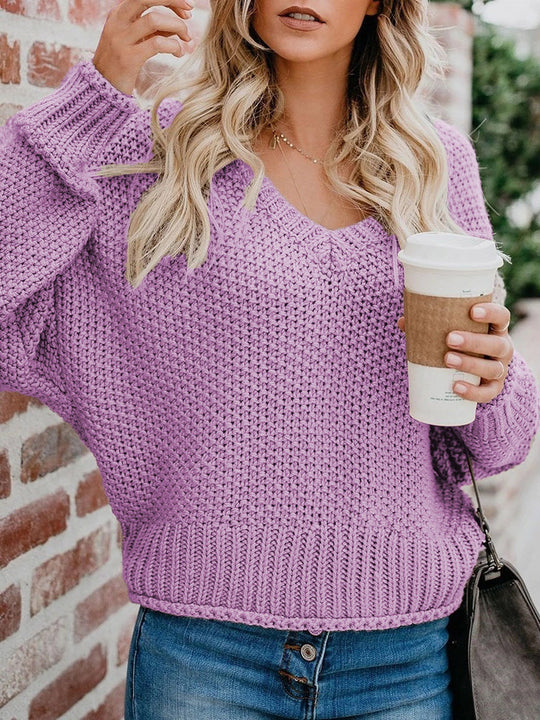 Damen lässiger V-Ausschnitt Pullover mit lockerem Schnitt und strukturiertem Strick EB